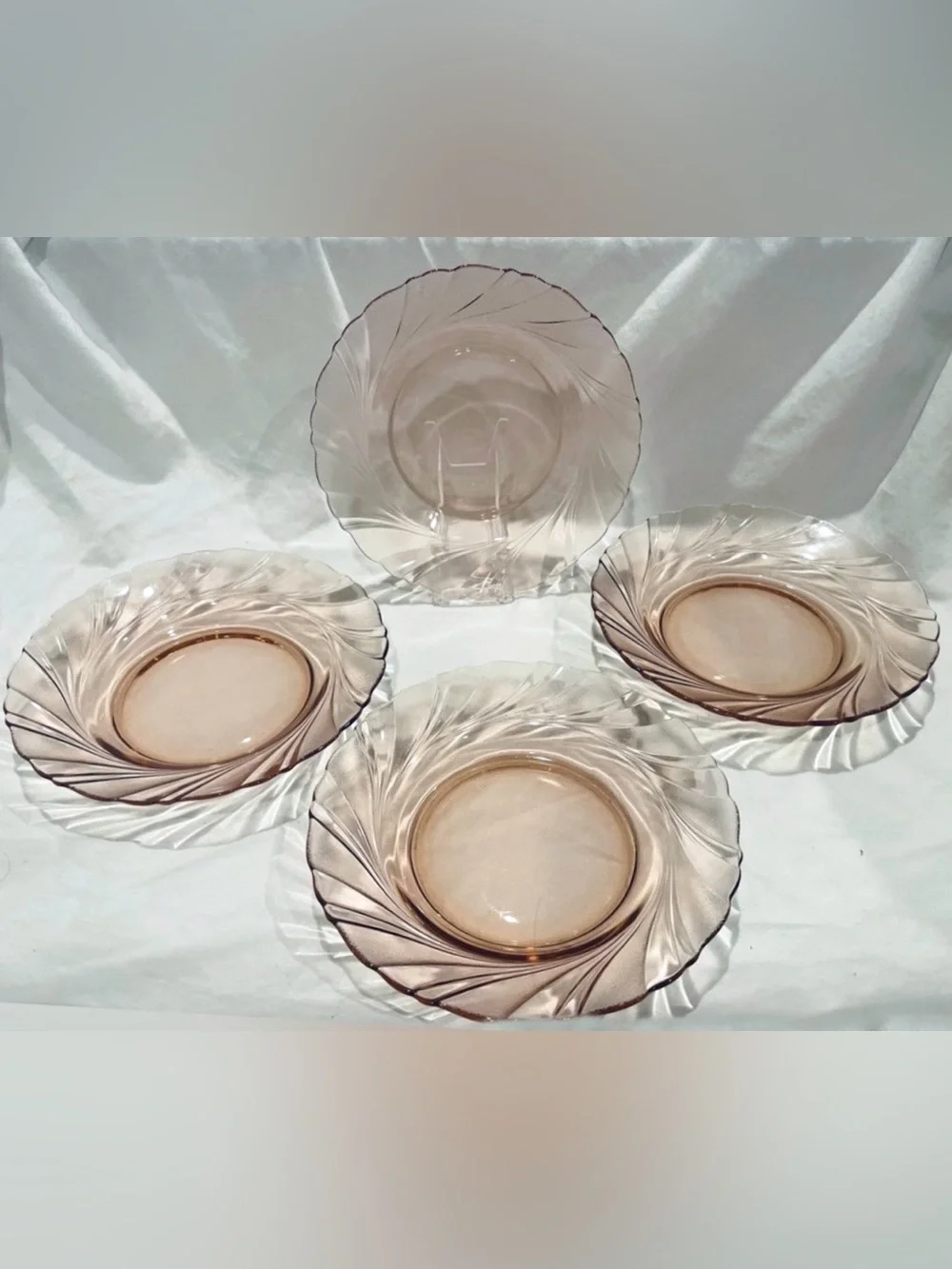 Set (4) Vereco France Pink Swirl Pattern Etched Glass Salad Plates | 8.25” | EUC